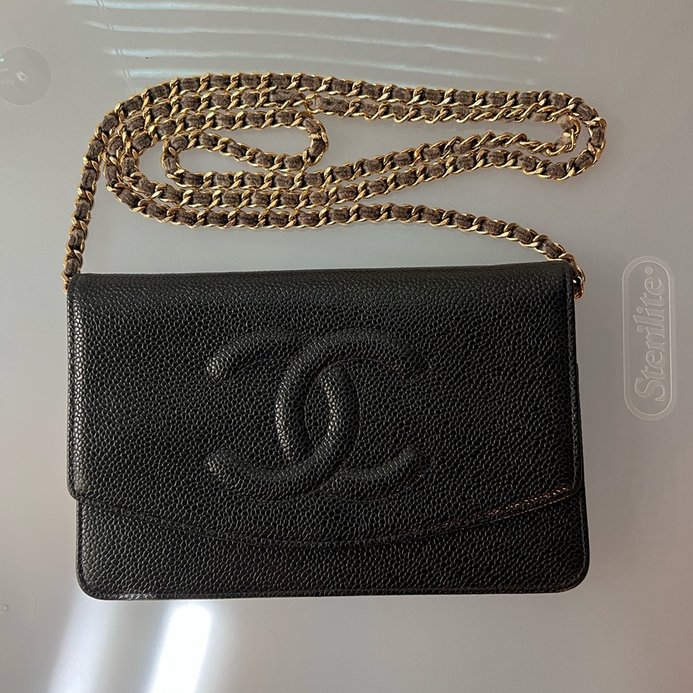 Chanel Black Pebbled Leather Wallet/Bag with Gold Chain